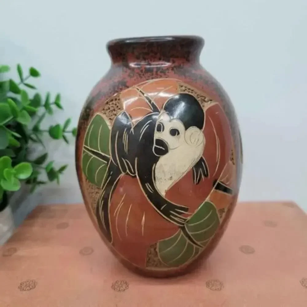 Handmade Nicaraguan Clay Vase with Butterfly Monkey & Turtle Folk Art Pottery